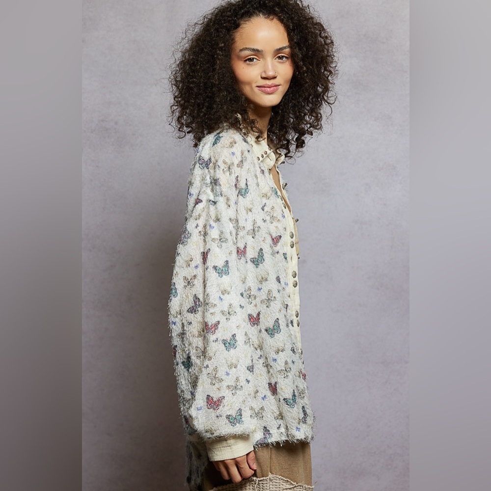 POL Butterfly Pattern Contrast Placket Textured W… - image 2